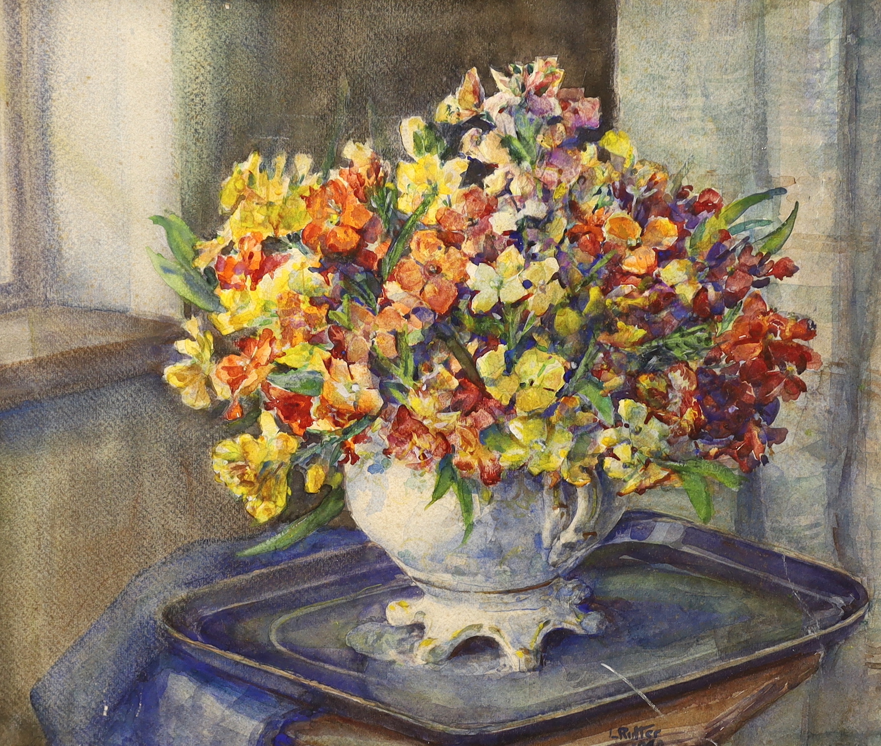 L. Ritter, watercolour, Still life of spring flowers in a vase, signed and dated 1940, 39 x 46cm